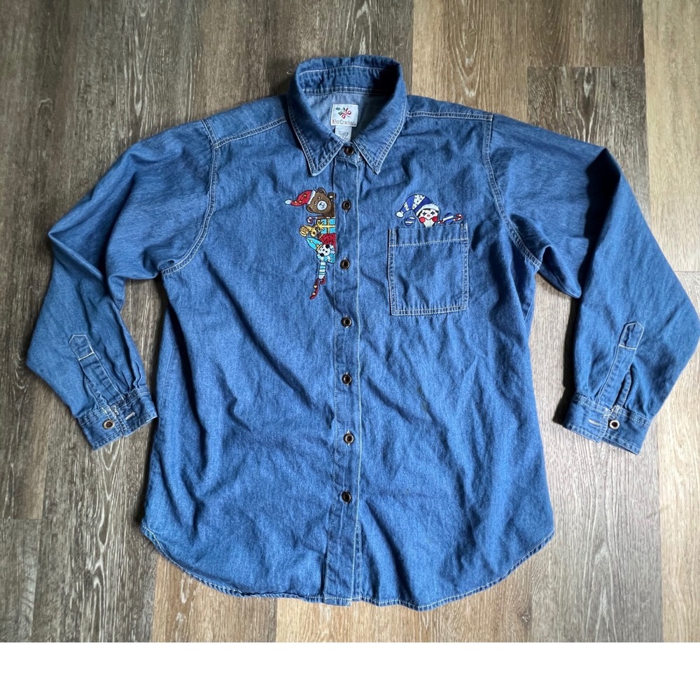 NutCracker Denim Button Down Women Medium Blue Christmas Embroidered Long Sleeve